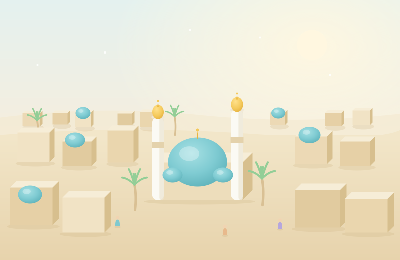 Rayhan Island — a soft 3D city of sandstone houses, palm trees and a teal mosque dome with golden minarets